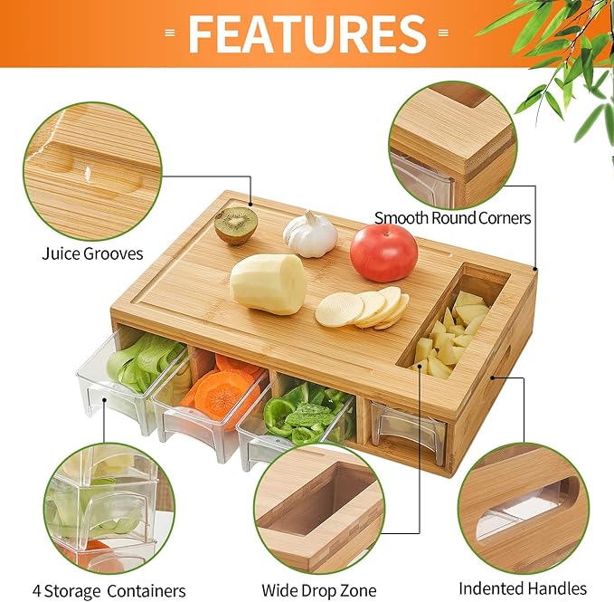 Bamboo Cutting Board with 4 Containers